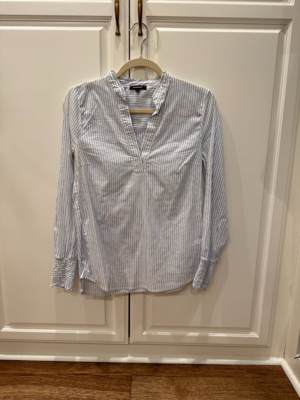 Long-sleeved cotton blend white with light blue pin-stripe blouse